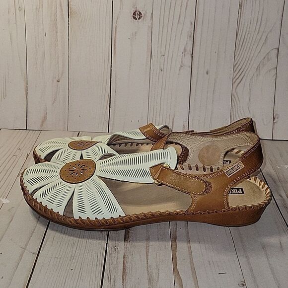 PIKOLINOS Leather Flower Wedge Sandals Puerto Vallerta Size 41 Nata - Picture 4 of 9